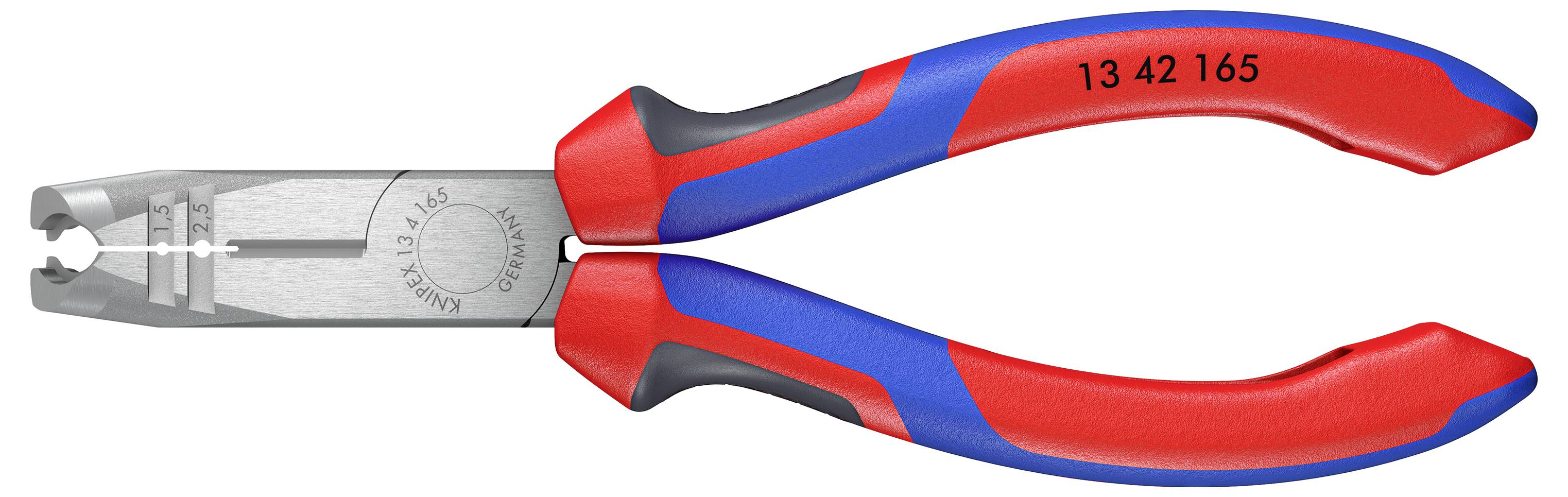 Een rode en blauwe striptang met de opdruk '13 42 165' op de handgreep. Geschikt voor het ontmantelen en knippen van draden.