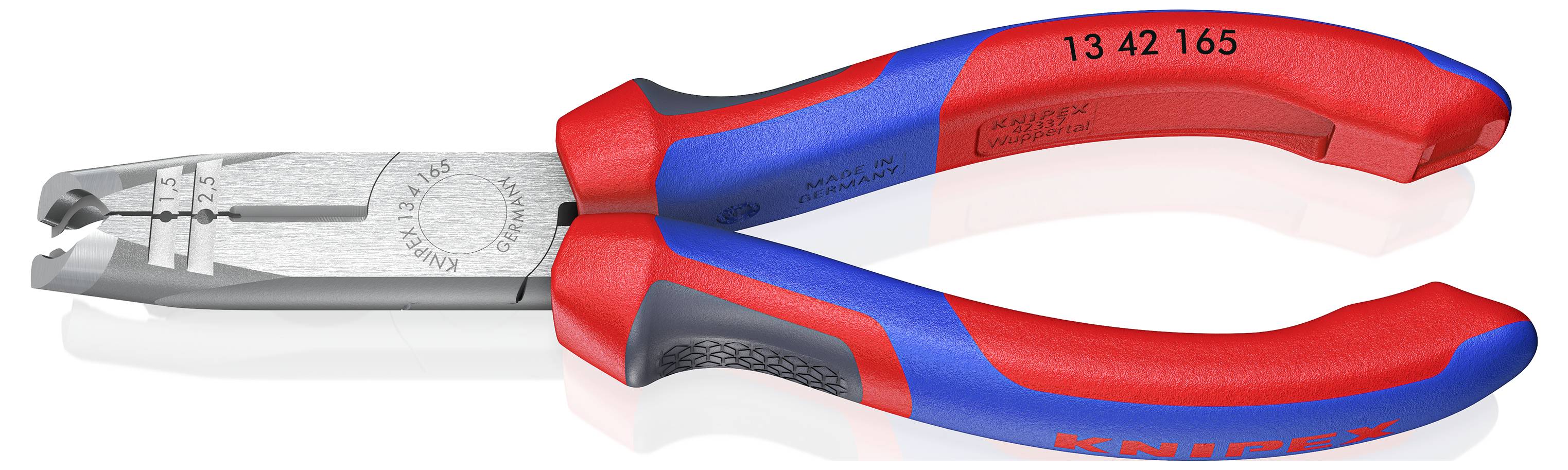 Zijsnijtang van het merk KNIPEX, modelnummer 13 42 165, in blauw en rood. Hij heeft geïsoleerde handgrepen en is geschikt voor precisiewerk.