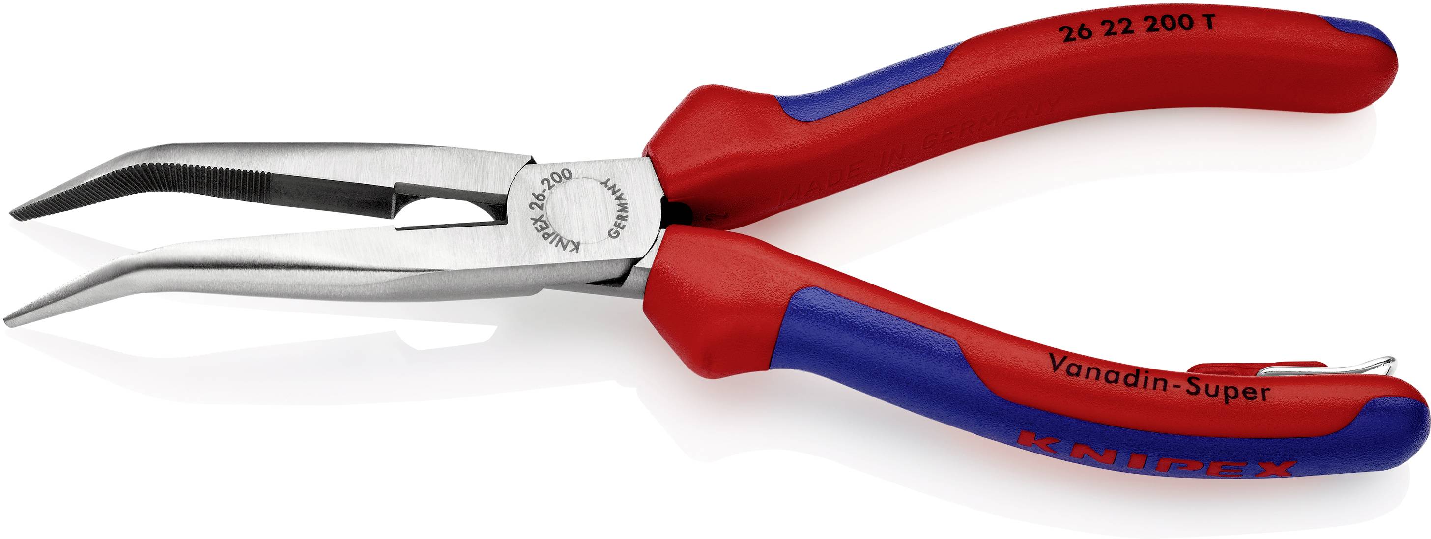 Een rode en blauwe punttang met gebogen klemmen en een ergonomische greep, geschikt voor precisietechnische werkzaamheden.