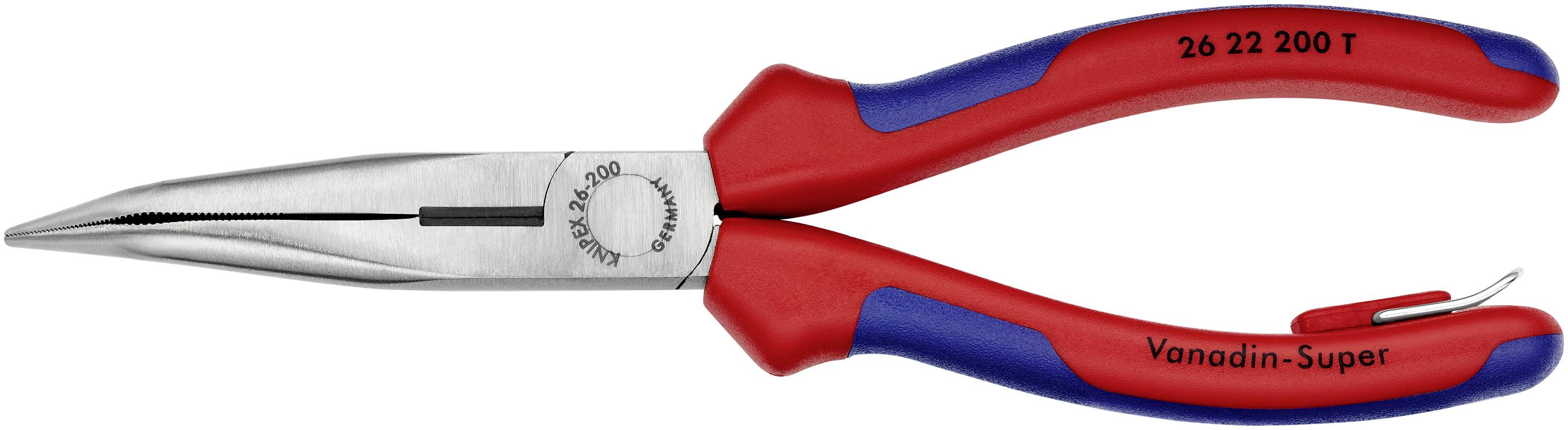 Een lange, smalle punttang met rode en blauwe handgrepen, geschikt voor precisiewerk in moeilijk bereikbare gebieden.