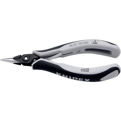 Een zwarte en grijze Knipex precisietang met de opdruk 'ESD' en '34 52 130', geschikt voor nauwkeurige elektronische werkzaamheden.