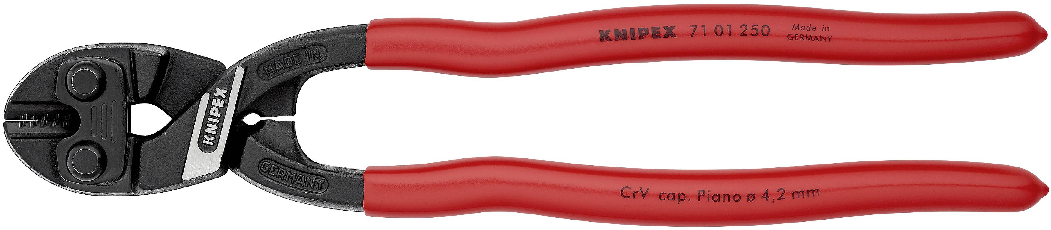 Boutenschaar met rode handgrepen, geschikt voor het knippen van draden tot 4 mm. Markering toont 'KNIPEX 71 01 250'.