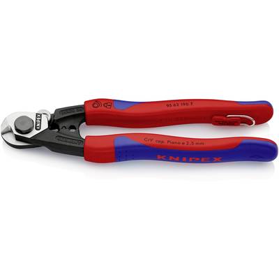 Een rode en blauwe Knipex draadschaar. Op de schaar staat '95 02 190 T' en 'CrV cap. Piano ø 2,5 mm'.