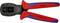 Een rode en blauwe krimptang van het merk Knipex, model Mini-Fit, gemarkeerd met 'AWG 24-16'.
