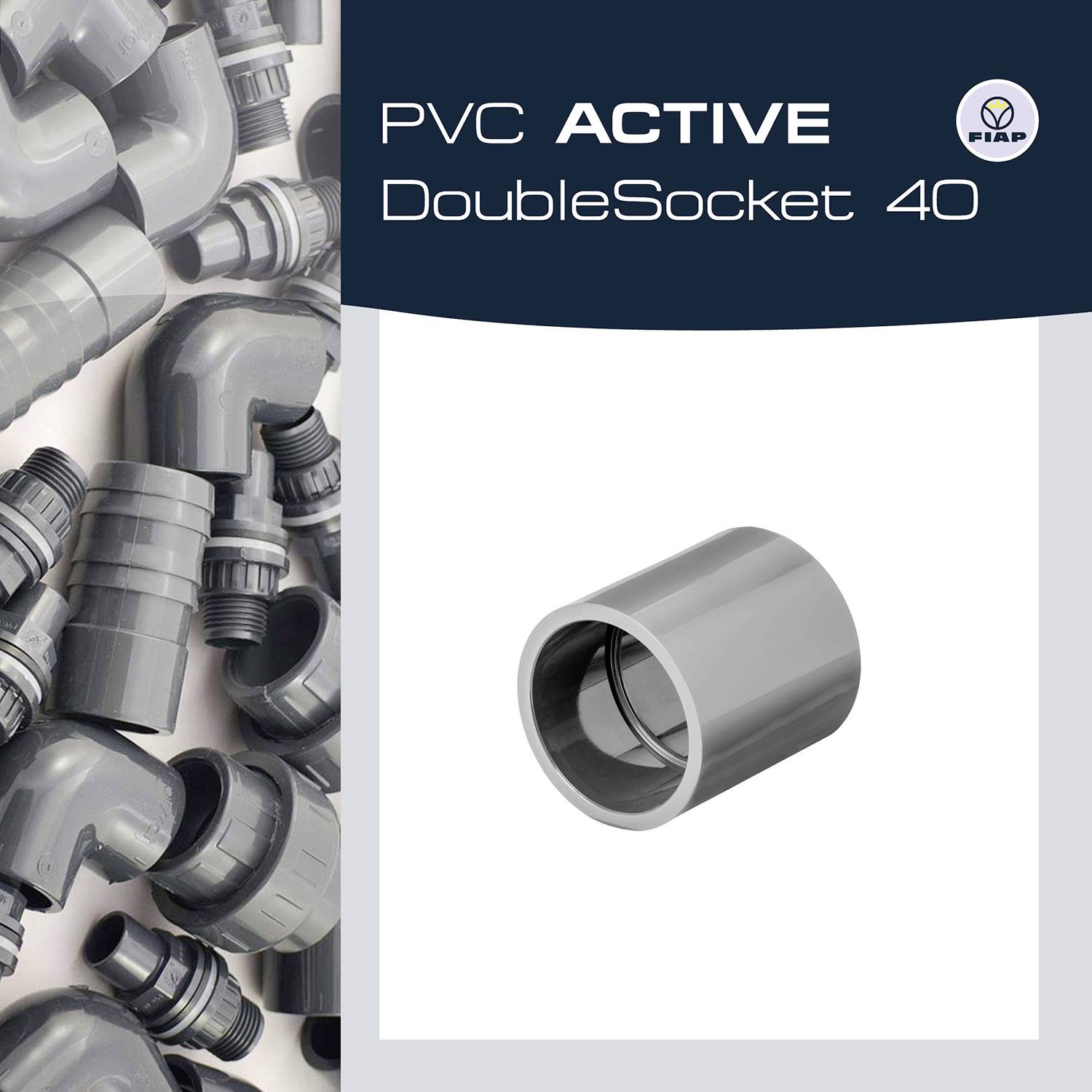 'PVC ACTIVE DoubleSocket 40' toont verschillende grijze PVC-buisverbindingen. De focus ligt op een tweezijdige steekverbinder.