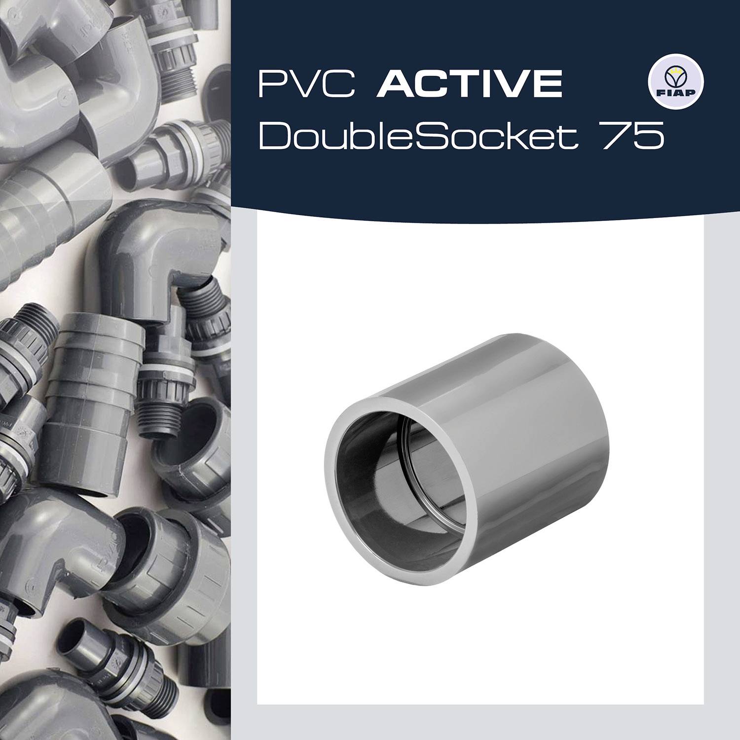 Meerdere grijze PVC-buizen en hun verbindingen links; rechts een PVC-dubbele mof. Boven tekst: 'PVC ACTIVE DubbelMof 75'.