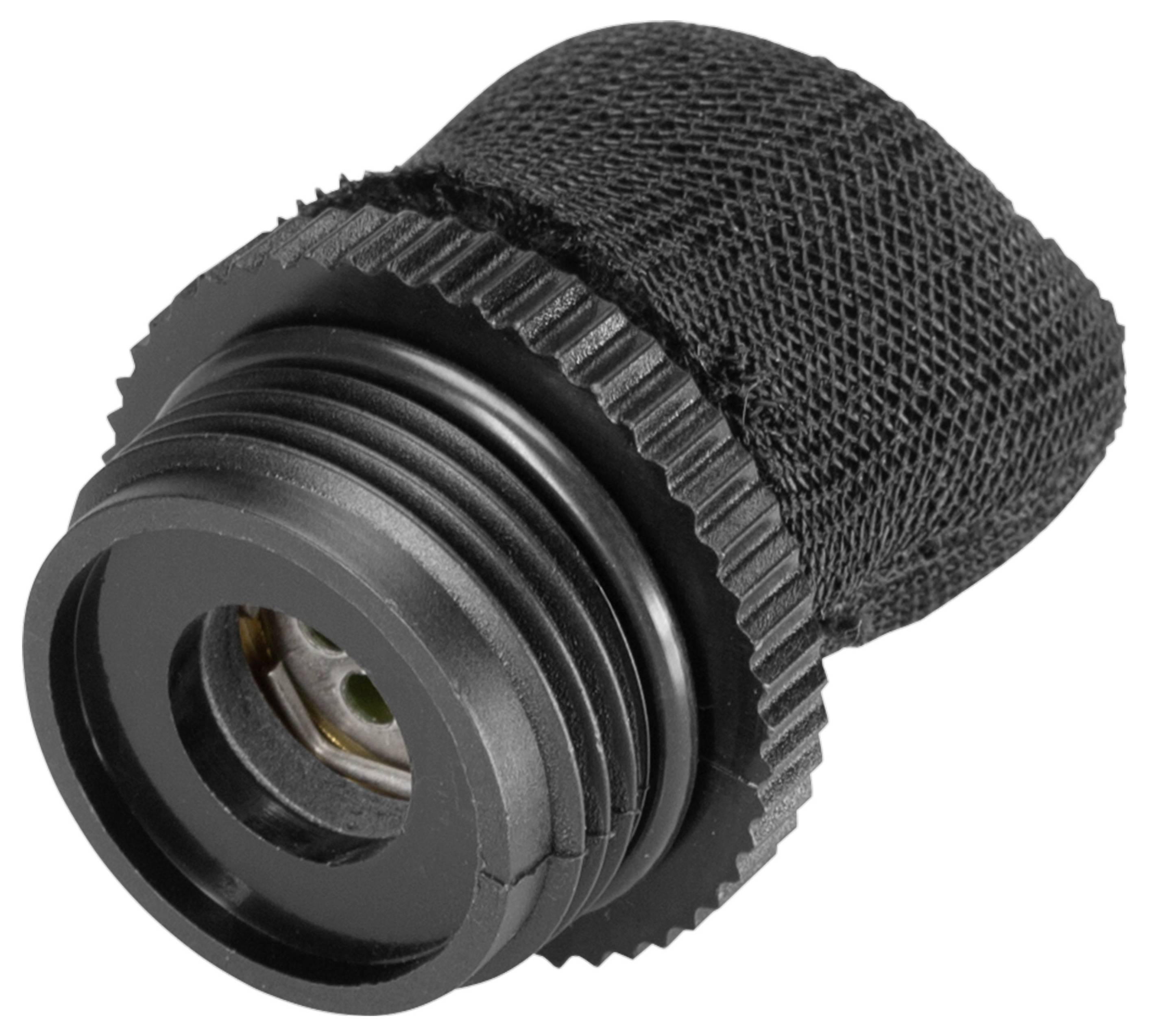 Een zwart, geribbeld object met een cilindrische vorm en een schroefdraad, mogelijk een afsluiting of adapter voor technische apparatuur.