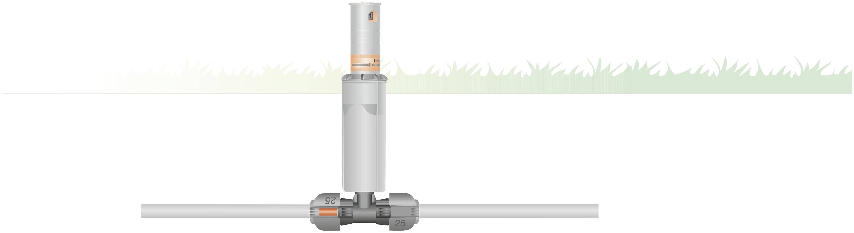 'Intrekbare sproeier met waterleiding eronder, geschikt voor automatische grasbevloeiing.'