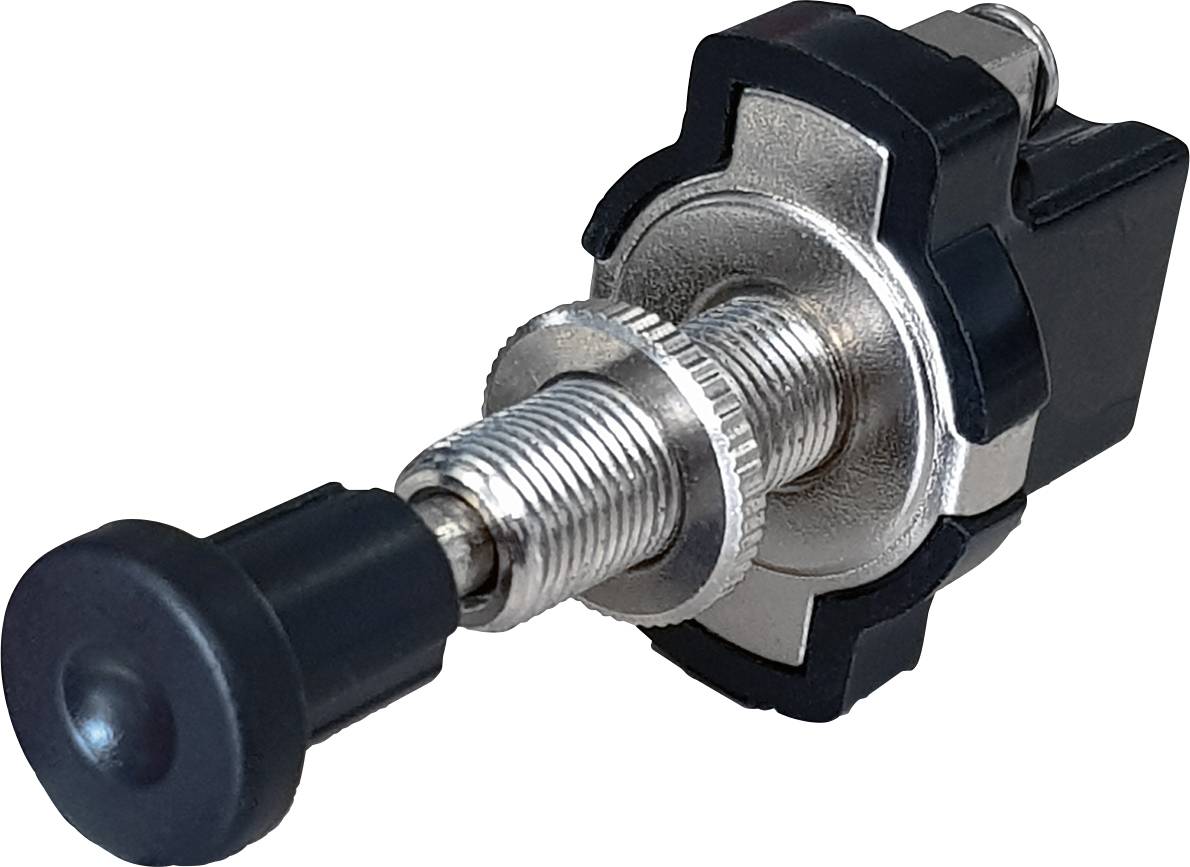 Een metalen schakelknop met zwarte kunststof handgreep, geschikt voor elektrische apparaten, te bedienen door te draaien of te drukken.