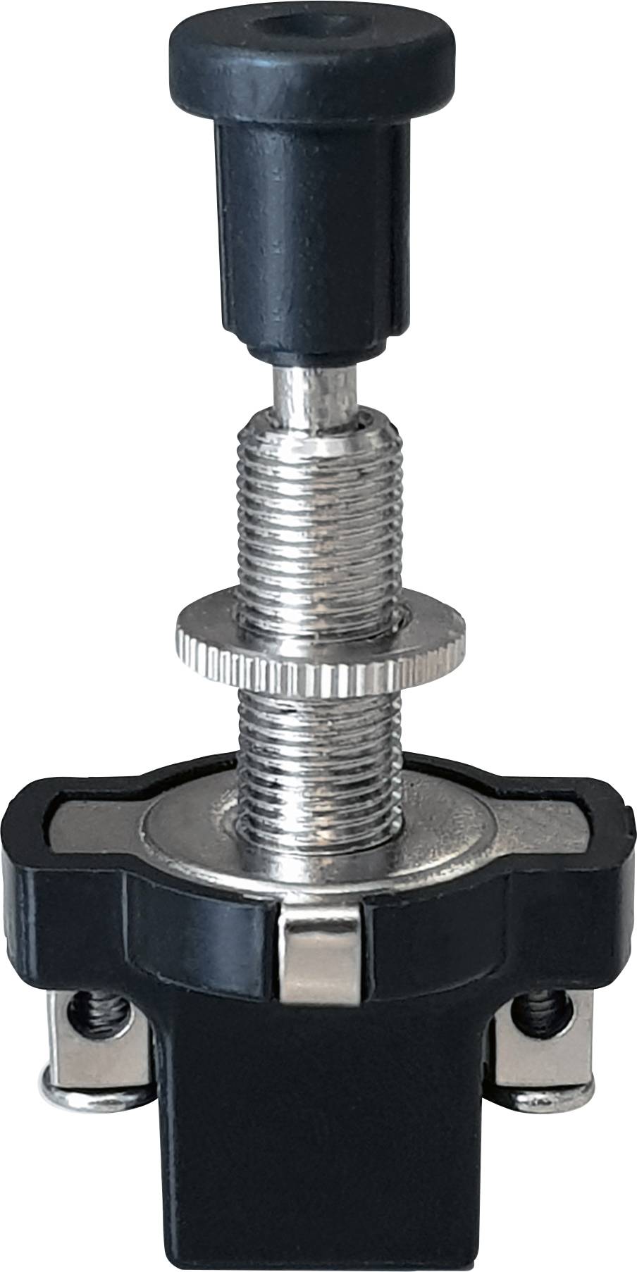 Metalen schroef met zwarte kunststof knop en moer. Hij is verticaal uitgelijnd en heeft een schroefdraad in het midden.