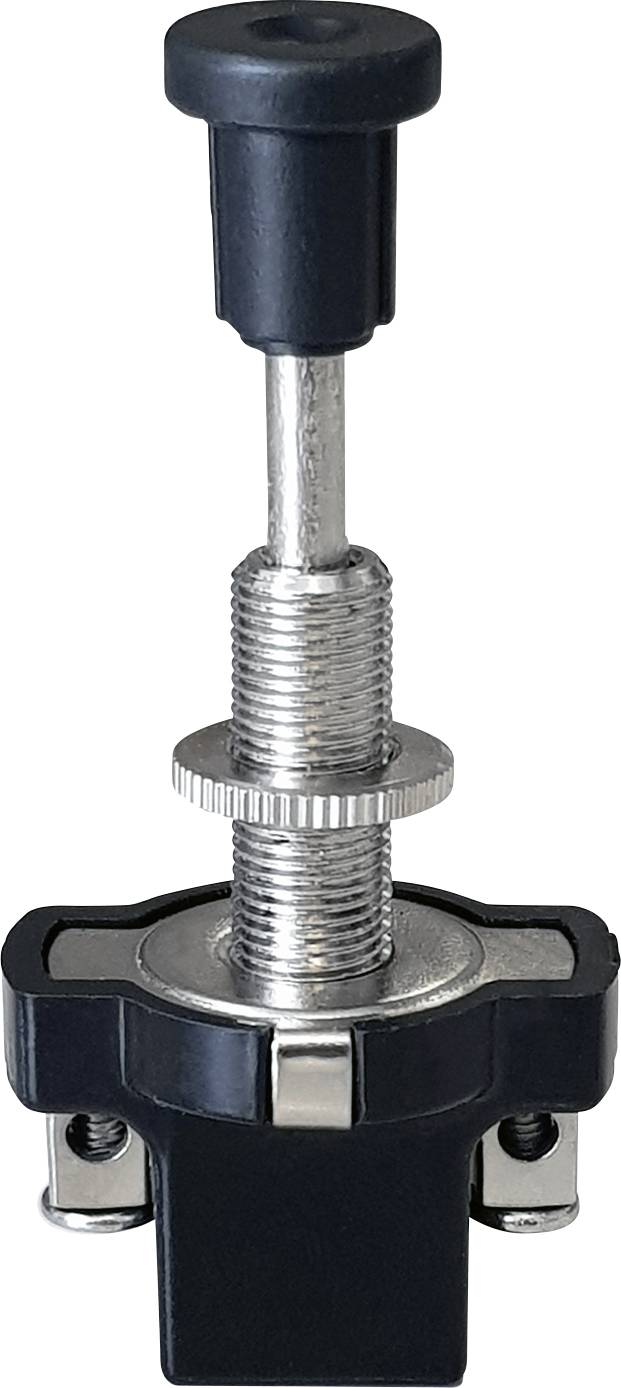 Een metalen drukschakelaar met zwarte hefboom en schroefdraad, die wordt gebruikt in elektronische apparaten voor het schakelen van elektrische circuits.