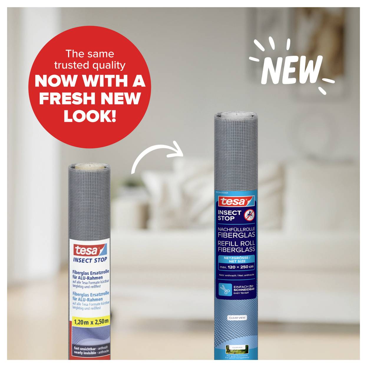 Reclame voor tesa Insect Stop: oud en nieuw insectenbescherming-fiberglas rolgordijn in vergelijking, met vermelding 'NEW' en 'NOW WITH A FRESH NEW LOOK!'