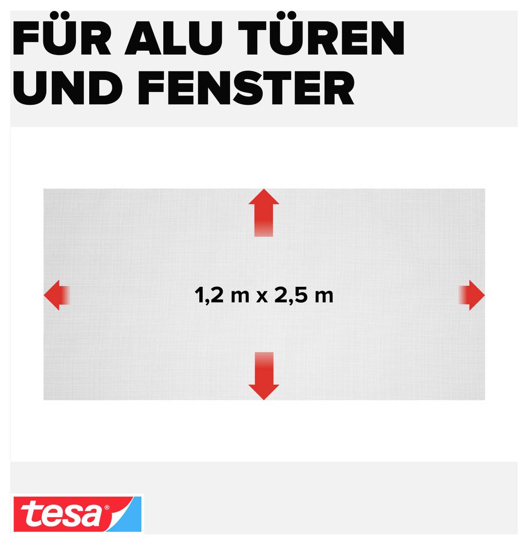 Reclame voor tesa: 'VOOR ALU DEUREN EN RAMEN', met maatwerkgegeven '1,2 m x 2,5 m' en pijlen die het oppervlak markeren.