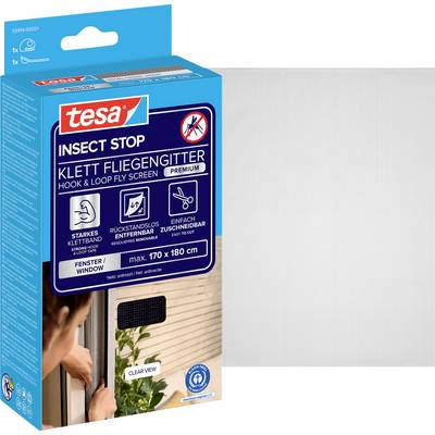 Productdoos voor tesa Insect Stop klittenband vliegenscherm, gelabeld 'Premium', past op ramen tot 170 x 180 cm.