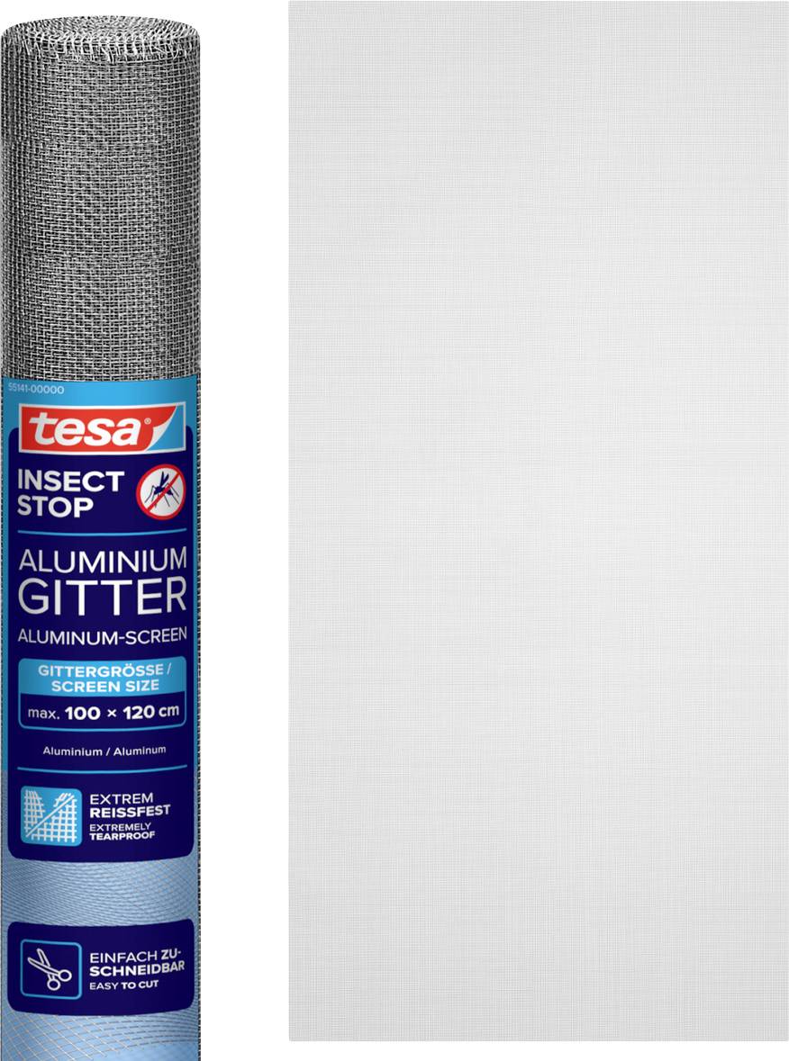 Rol van grijs aluminium insectengaas met tesa 'Insect Stop' etiket ernaast en een monster van het fijne zilveren gaasmateriaal.
