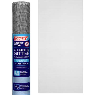Rol van grijs aluminium insectengaas met tesa 'Insect Stop' etiket ernaast en een monster van het fijne zilveren gaasmateriaal.