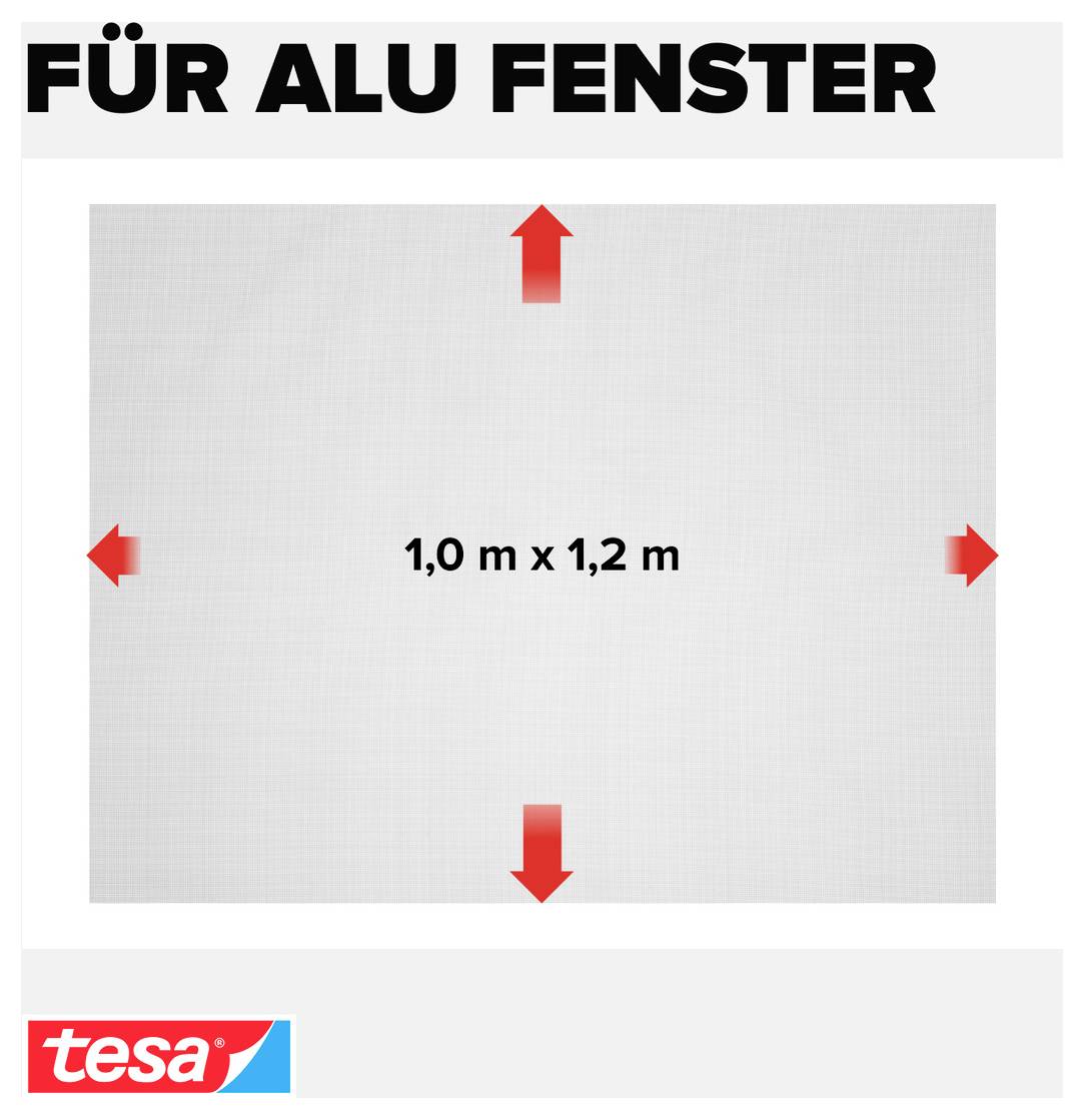 Advertentiegrafiek voor ALU-RAMEN: grijs rechthoek met rode pijlen aan alle zijden, maataanduiding '1,0 m x 1,2 m', tesa-logo linksonder.