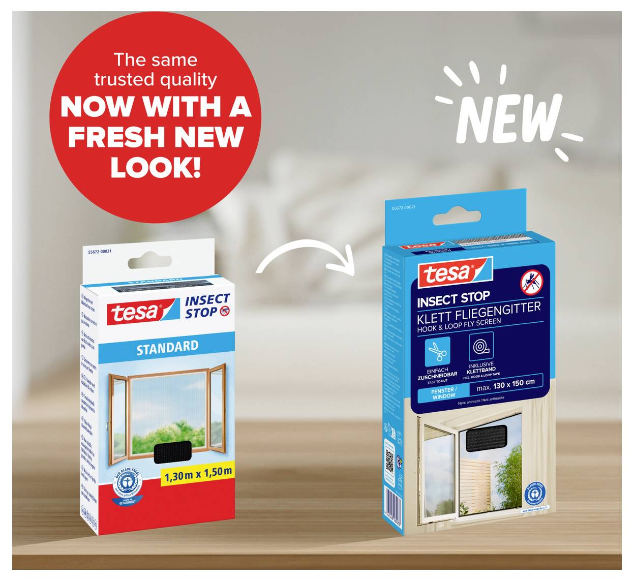Reclame voor tesa Insect Stop: oude standaardverpakking links, nieuwe blauwe verpakking rechts met vermelding 'NEW' en pijl naar de frisse uitstraling.