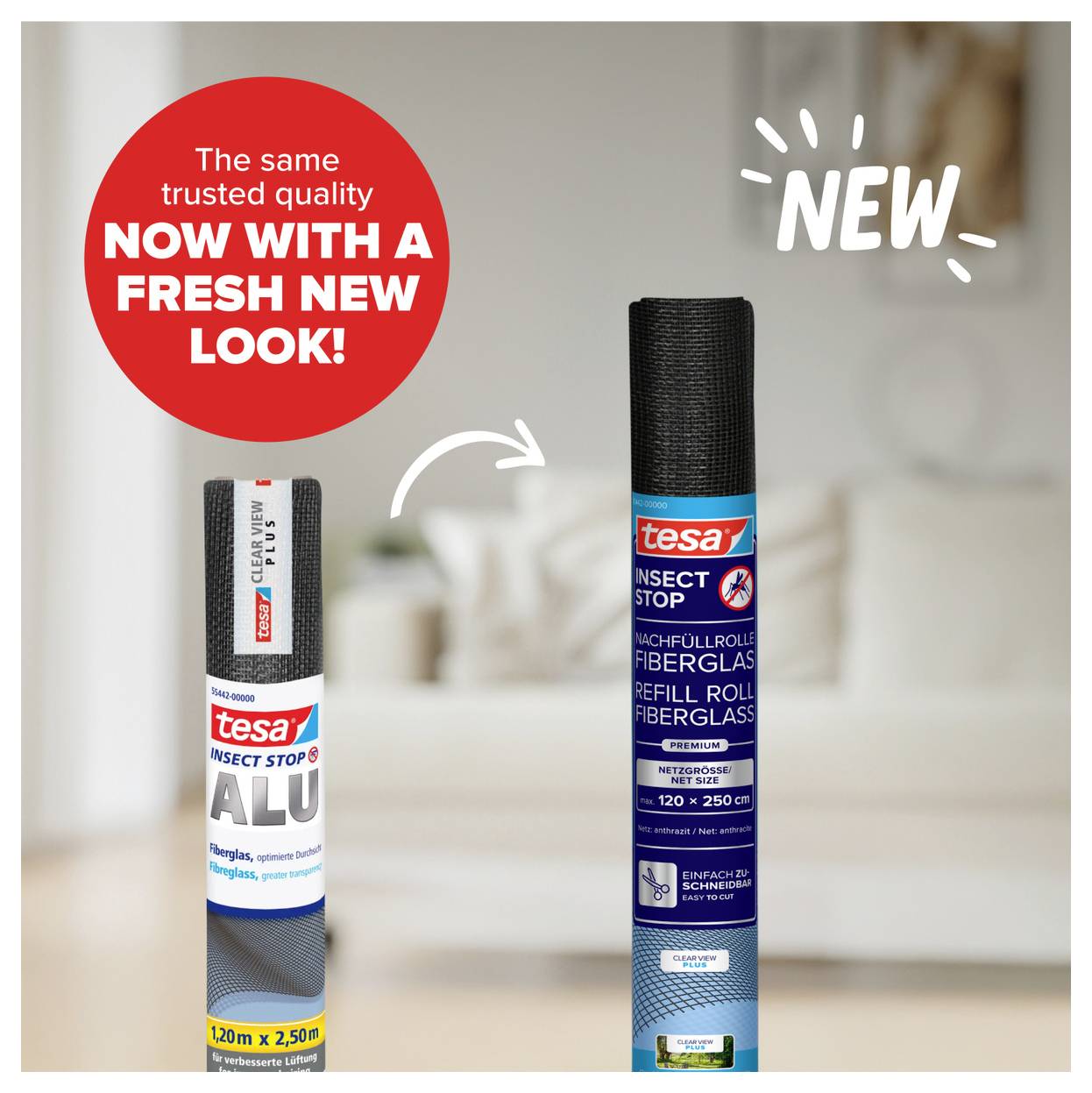 Advertentie voor tesa Insect Stop: nieuw ontwerp van de vliegengaasrol, links oude verpakking, rechts nieuw met verwijzing 'NEW'.