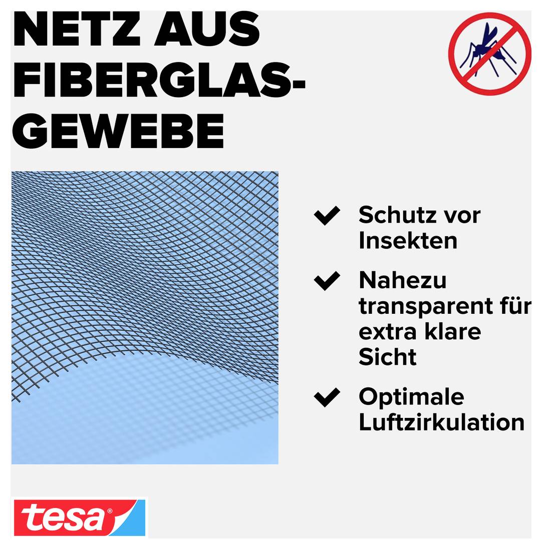 Advertentieafbeelding voor 'Glasvezeldoek-netwerk' van tesa: beschermt tegen insecten, is bijna transparant en zorgt voor optimale luchtzirculatie.