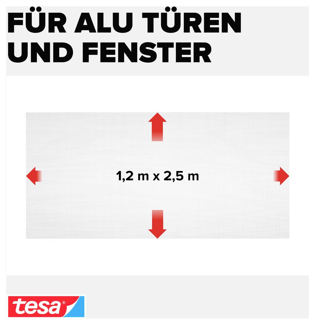 Maatspecificatie voor aluminium deuren en ramen: 1,2 m x 2,5 m, met rode pijlen naar boven, beneden, links en rechts; Tesa-logo linksonder.