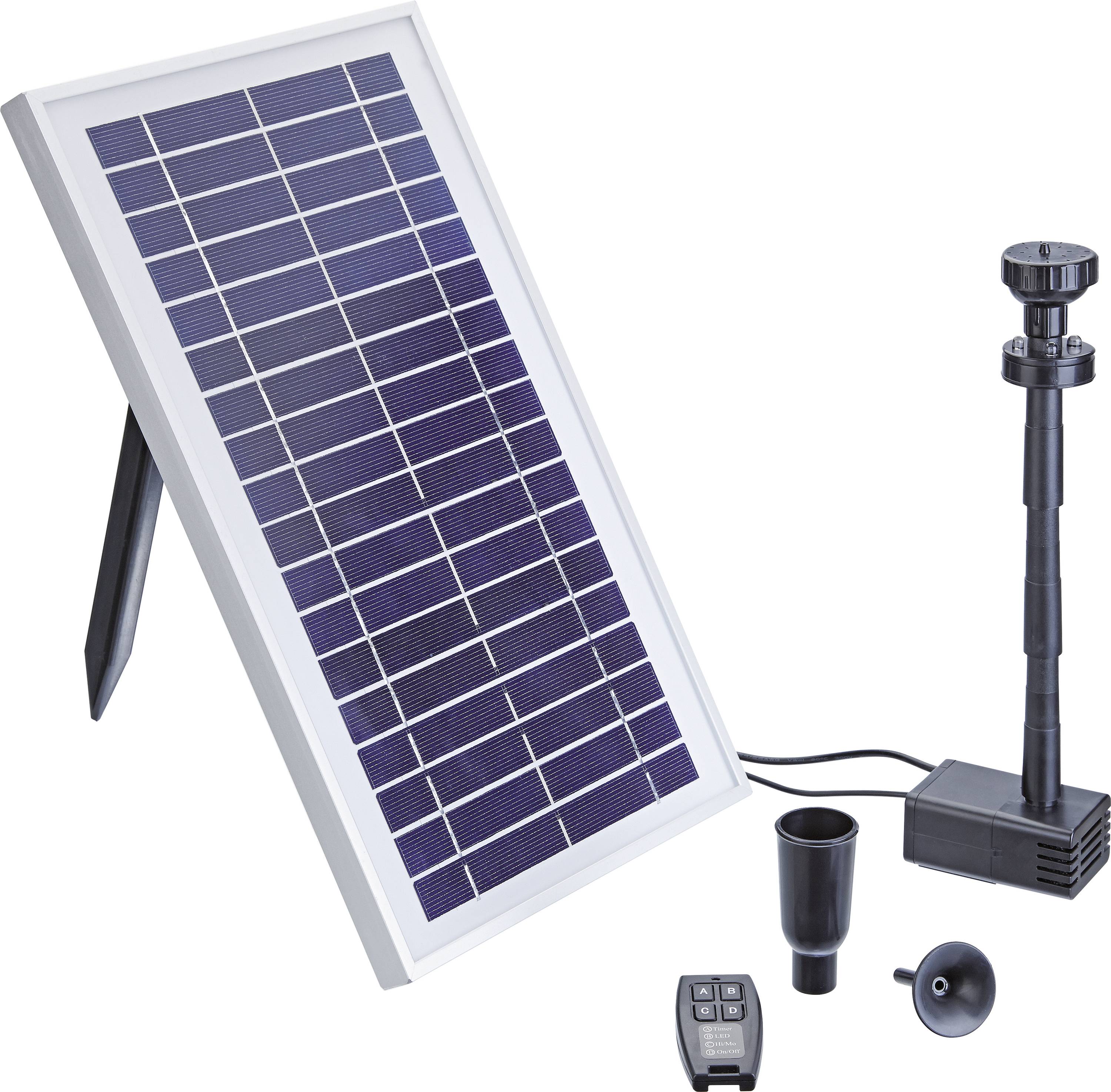 Een zonne-energiegedreven waterpomp-kit bevat een zonnepaneel, pomp en fonteinkoppen, ontworpen voor buitenwaterpartijen en tuingebruik.
