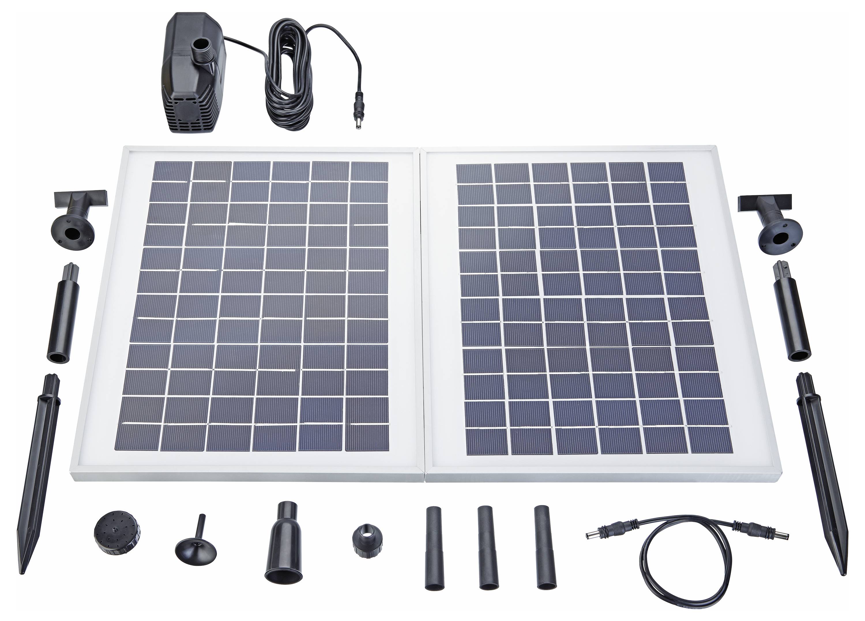 'Tweevoudige zonnepaneel kit met aansluitingen, een kleine pomp, montagepinnen en accessoires gerangschikt voor eenvoudige montage.'