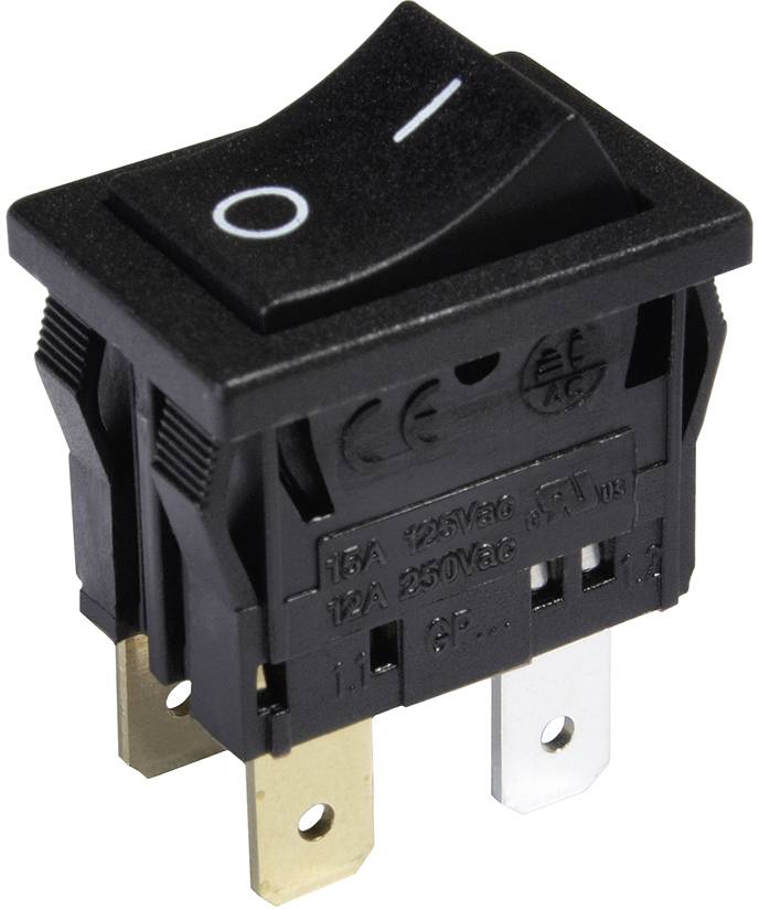 Een zwarte tuimelschakelaar met I/O-symbolen voor Aan/Uit, met elektrische specificaties aan de zijkant.