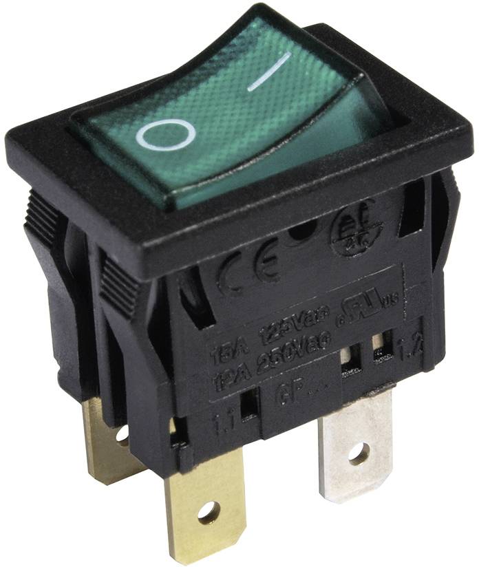 Een groene tuimelschakelaar met aan- en uit-standen, geschikt voor elektrische apparaten. Geeft schakelstroom en spanningsspecificaties weer.
