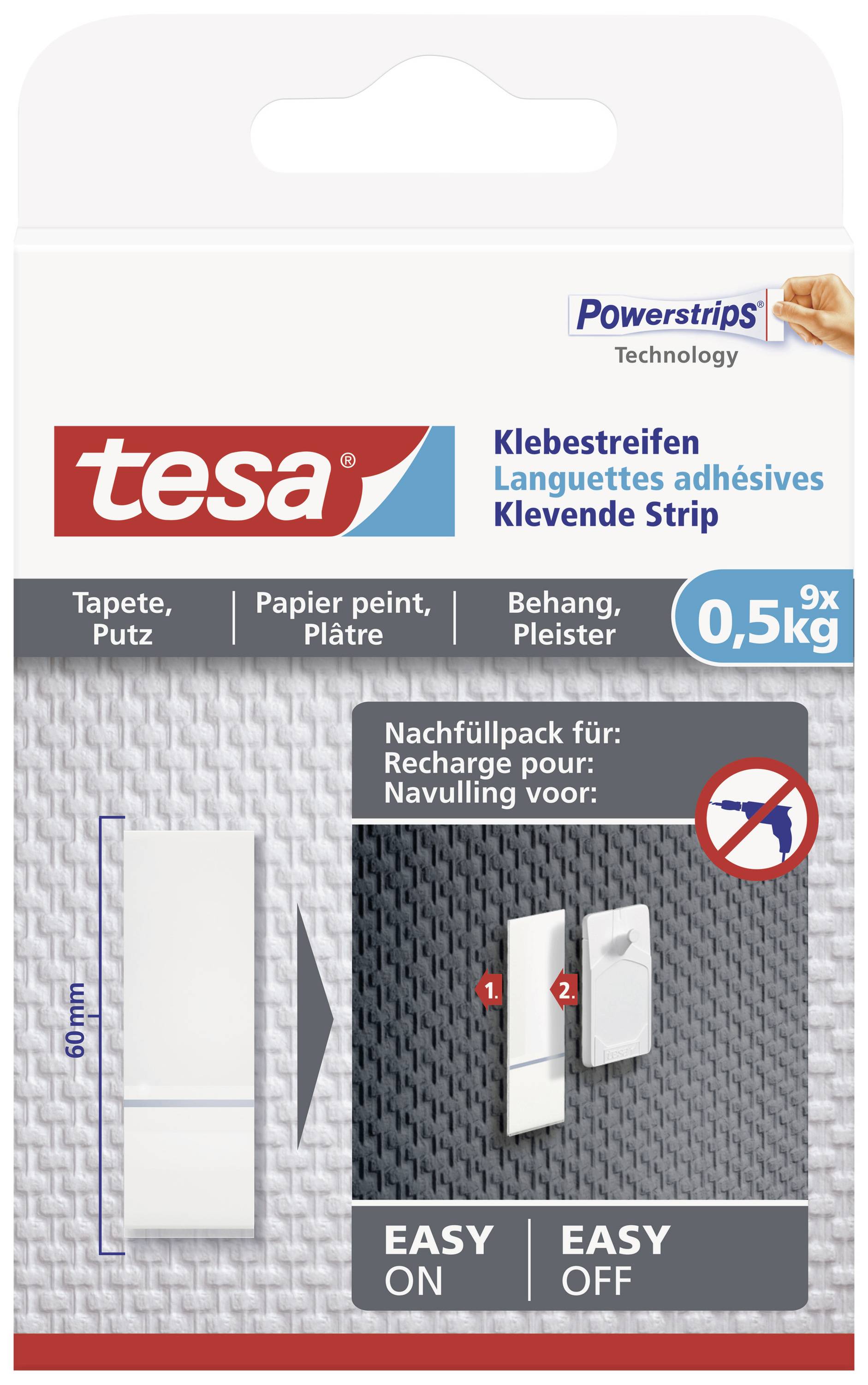 Verpakking voor Tesa plakstrips met Powerstrips-technologie, geschikt voor behang en pleisterwerk, houdt tot 0,5 kg vast. Bevat 9 strips.