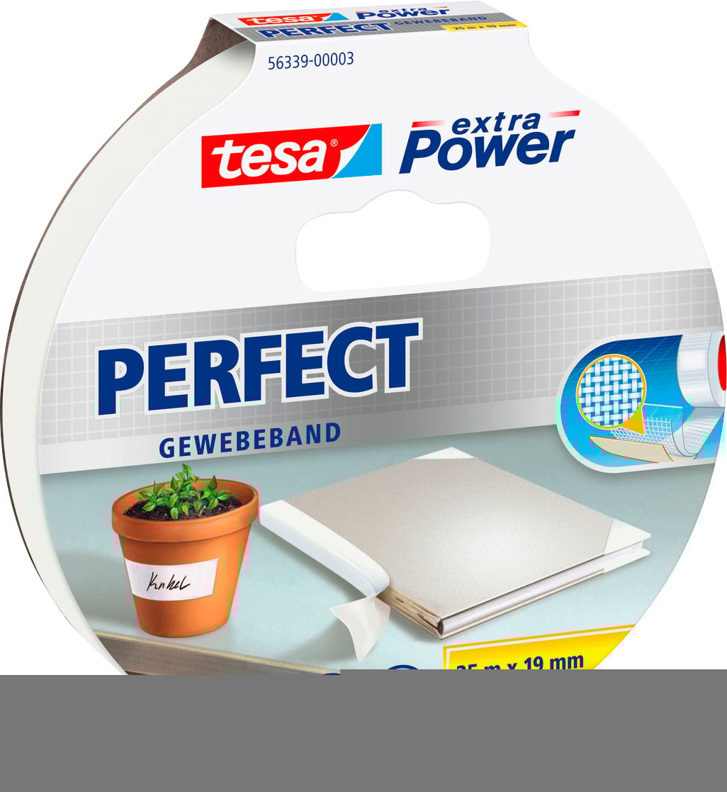 Een rol 'tesa extra Power' stoffen plakband met het label 'PERFECT', waarop een lap stof met een reparatieplek en een potplant te zien is, met de afmeting 25m x 19mm.