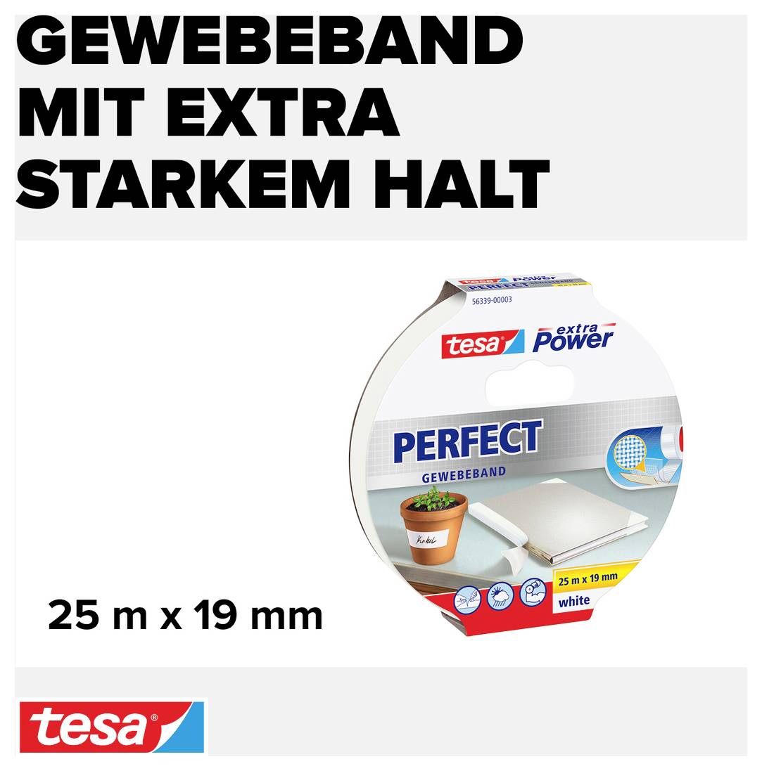 Gewebeband-verpakking met opschrift 'Gewebeband met extra sterke grip'. Afmetingen: 25 m x 19 mm. Merk: Tesa.