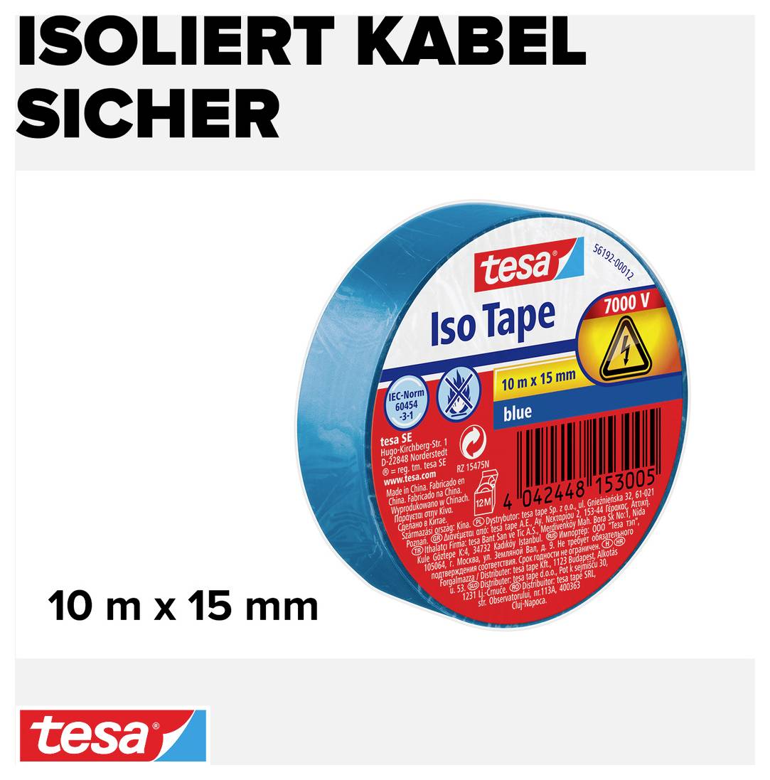 De afbeelding toont een rol Tesa Iso Tape in het blauw, geschikt voor 7000 V, 10 m x 15 mm. Bovenaan staat de tekst 'Kabels veilig geïsoleerd'.