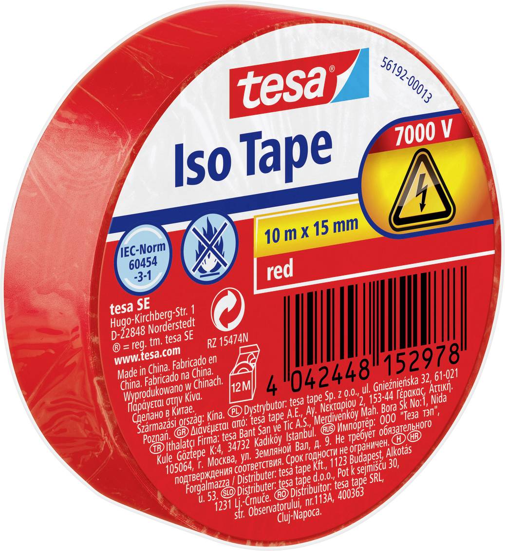 Rode rol Tesa Iso Tape, 7000 V, gelabeld '10 m x 15 mm', 'rood', met elektrisch waarschuwingssymbool en verschillende specificaties.