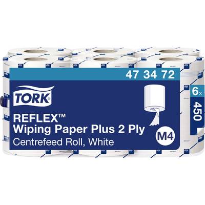 Een verpakking Tork Reflex Wisspapier Plus, 2-laags, M4, wit, met 450 vellen per rol en 6 rollen per verpakking.