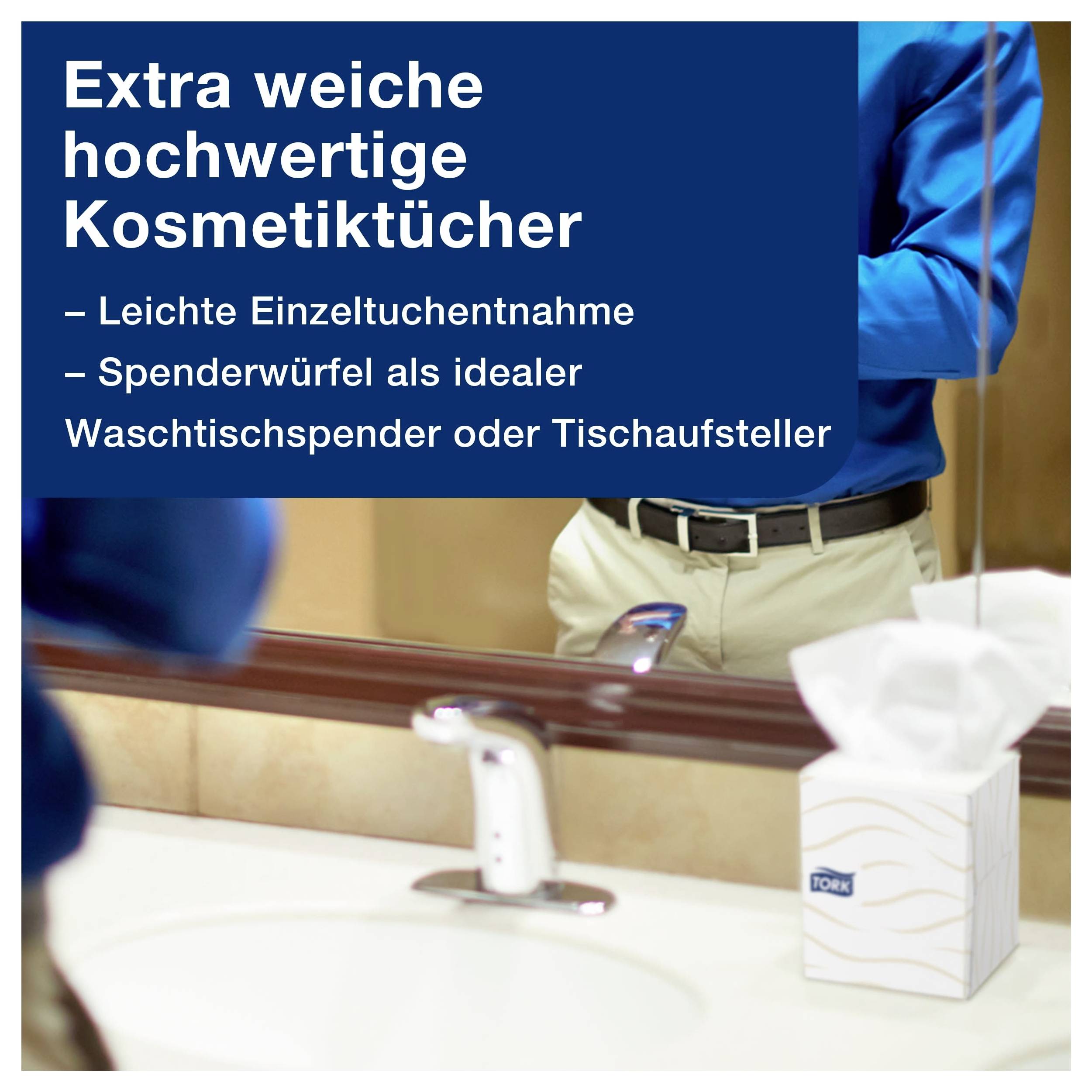 Advertentieafbeelding voor 'Extra zachte hoogwaardige cosmetische tissues' met verwijzingen naar gemakkelijk individueel gebruik en ideale dispenserdoos in de badkamer aan de wastafel.