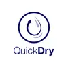 Het beeld toont het logo van 'QuickDry'. Een blauwe pijl omcirkelt een druppel, daaronder staat de tekst 'QuickDry'.