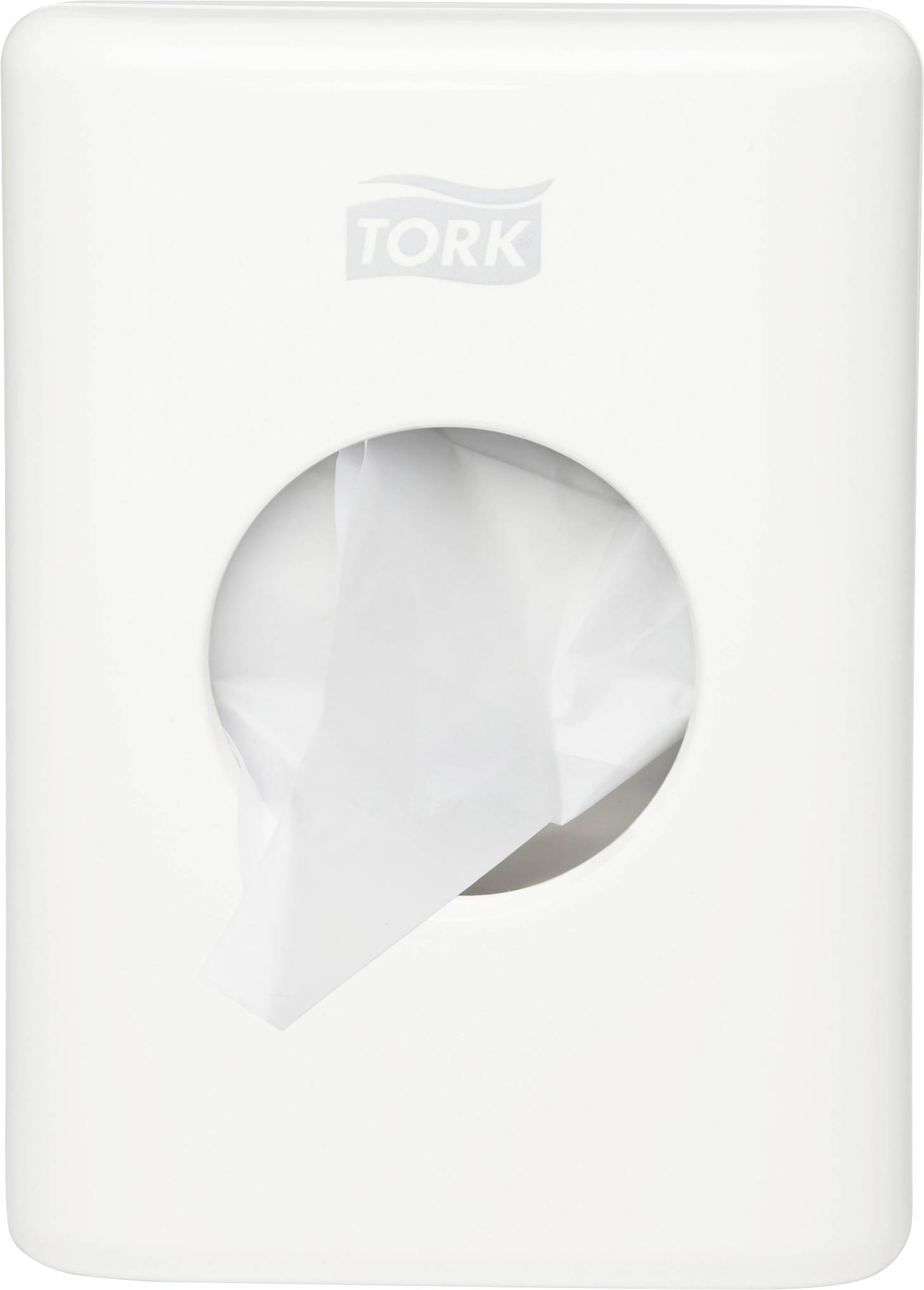Witte Tork-tissueautomaat met een enkel tissueblad dat gedeeltelijk uit de vooropening is getrokken.