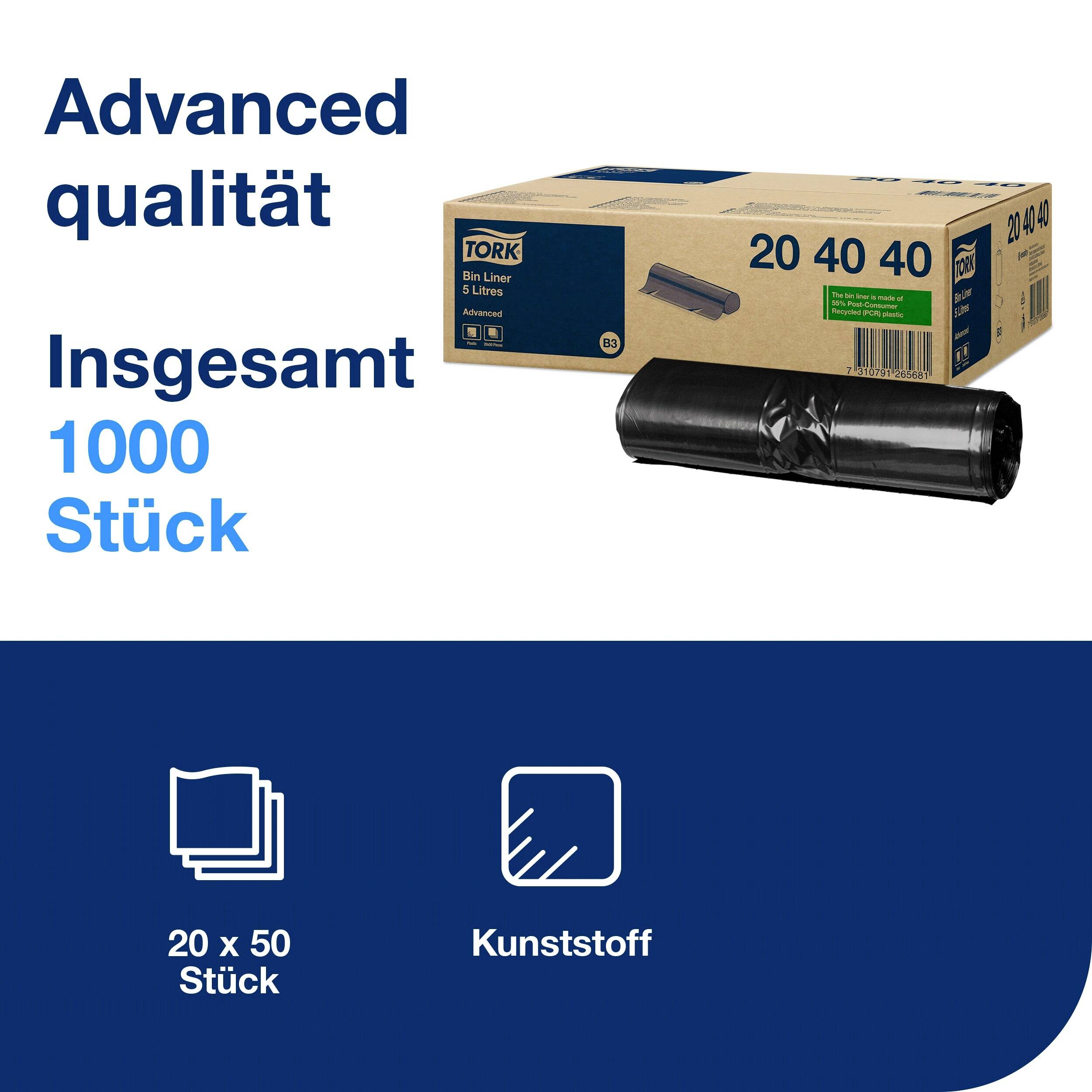 Karton en rol met vuilniszakken, opdruk: 'Geavanceerde kwaliteit, Totaal 1000 stuks, 20 x 50 stuks, Kunststof'.