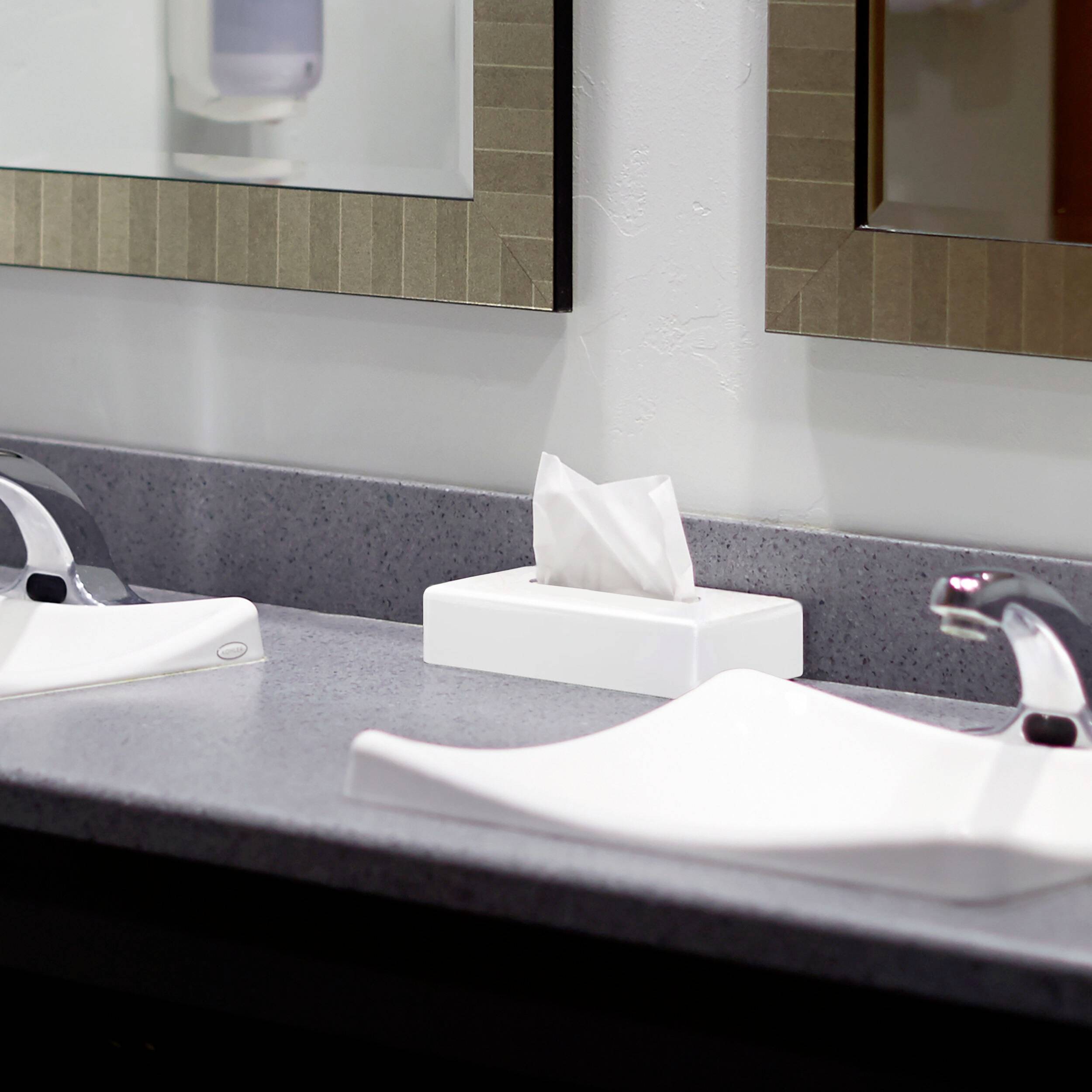 Wastafelgedeelte met twee wastafels, spiegels en een tissuehouder in een schoon, modern toilet.