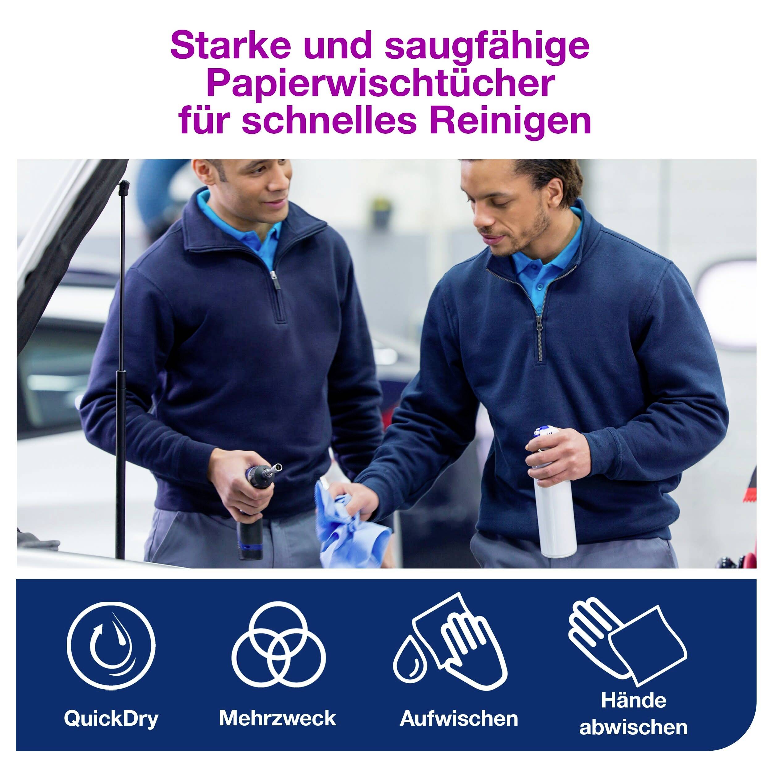 Twee personen gebruiken blauwe papieren doekjes om een auto schoon te maken. Tekst: 'Sterke en absorberende papieren doekjes voor snel reinigen'. Symbolen: QuickDry, Multifunctioneel, Opvegen, Handen afdrogen.