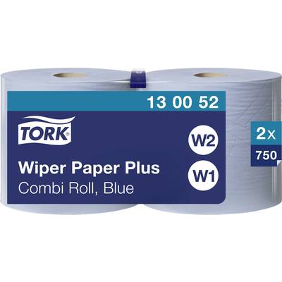 Blauwe papieren doekjesrol van Tork, model 'Wiper Paper Plus', 2 rollen, compatibel met W1/W2, productcode 130052.