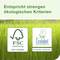 Het beeld toont twee milieukeurmerken: FSC en EU Ecolabel. Daarboven staat 'Voldoet aan strenge ecologische criteria'. Op de achtergrond is groen gras te zien.
