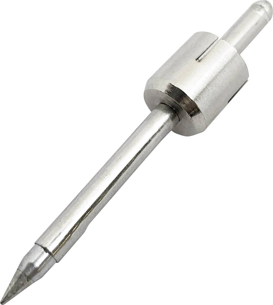Een zilveren, metalen naaldpen met een scherpe punt en een cilindrische greep, gebruikt in technische toepassingen.