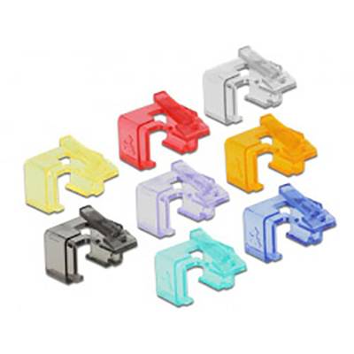 'Zeven verschillende gekleurde, transparante paperclips in rood, geel, blauw, groen, oranje, paars en grijs, gerangschikt in twee rijen.'