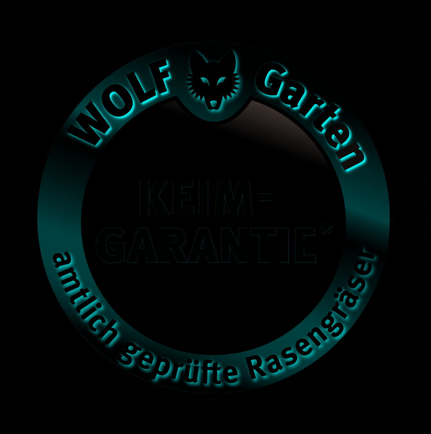 'WOLF Garten KIEMGARANTIE' toont een zegel met een Wolf-logo, omringd door tekst over een kiemgarantieregeling voor graszaden.