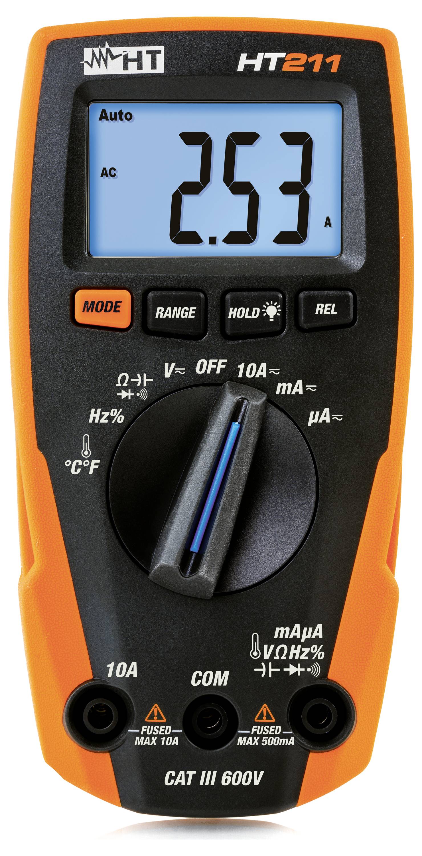 Digitale tangmeter met een AC-stroomwaarde van 2,53 A op het display.