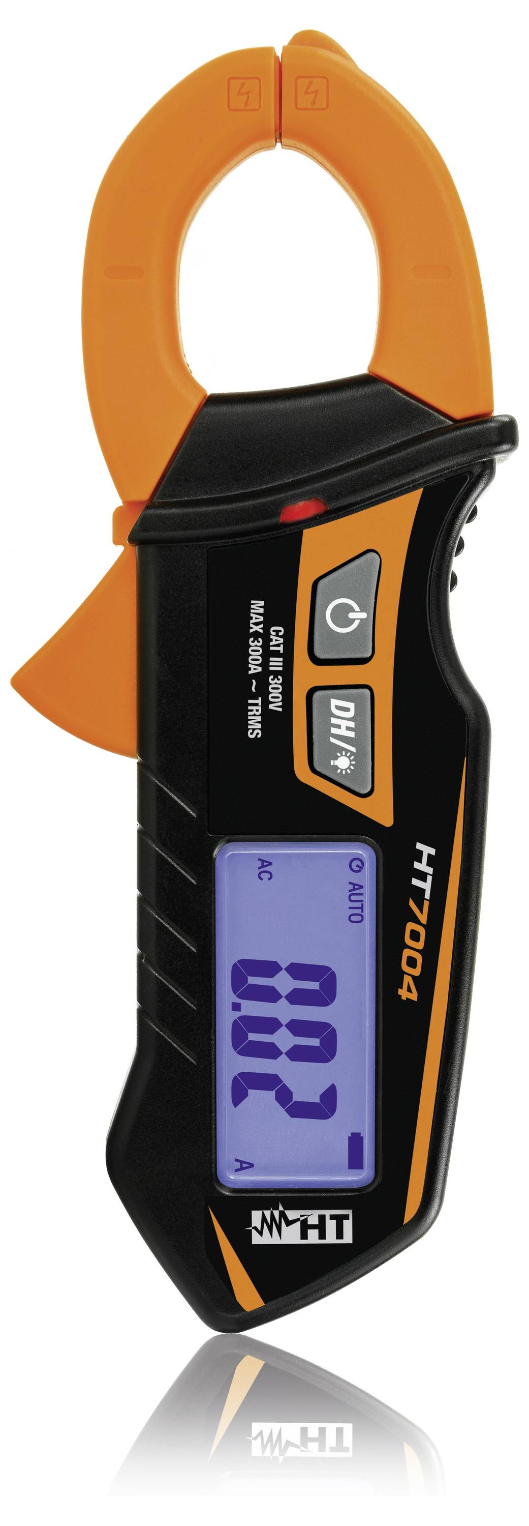Oranje en zwart handgreep-spanklemometer met digitaal display met '0.02' en een aan-uitknop aan de voorkant.