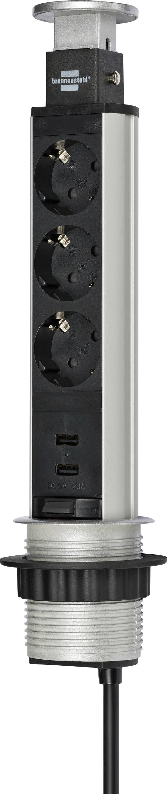 Verticale intrekbare stroomuitgavenetage met drie ronde AC-stopcontacten, twee USB-poorten en een zwart netsnoer, weergegeven uitgestrekt vanuit een montage op het werkblad.