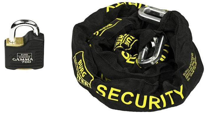 Zwart veiligheidsslot met het label 'Burg Wächter Gamma 700' naast een opgerolde zwarte ketting met gele 'SECURITY' tekst.
